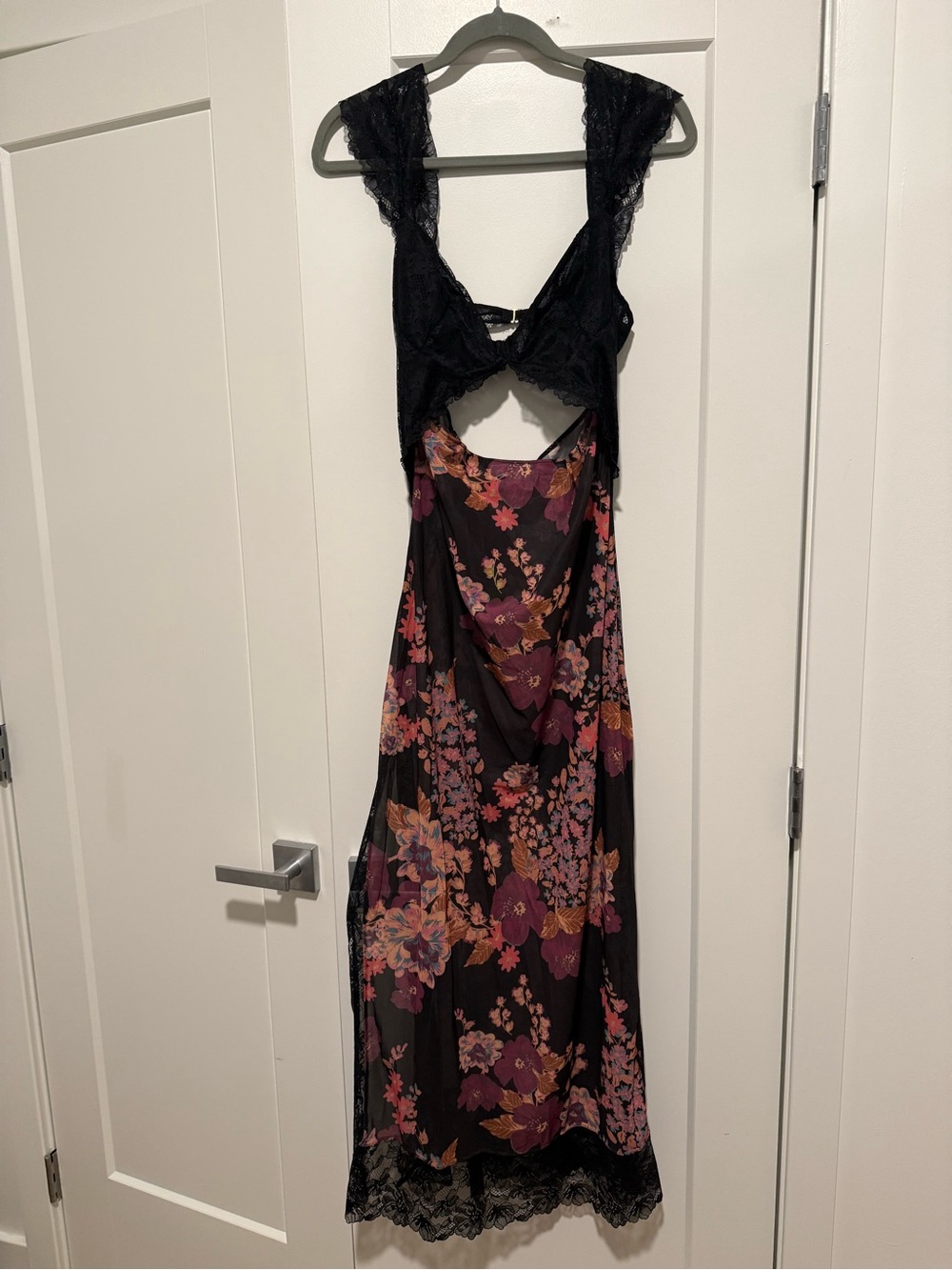 Free People Black Floral Backless Slip Dress with Lace